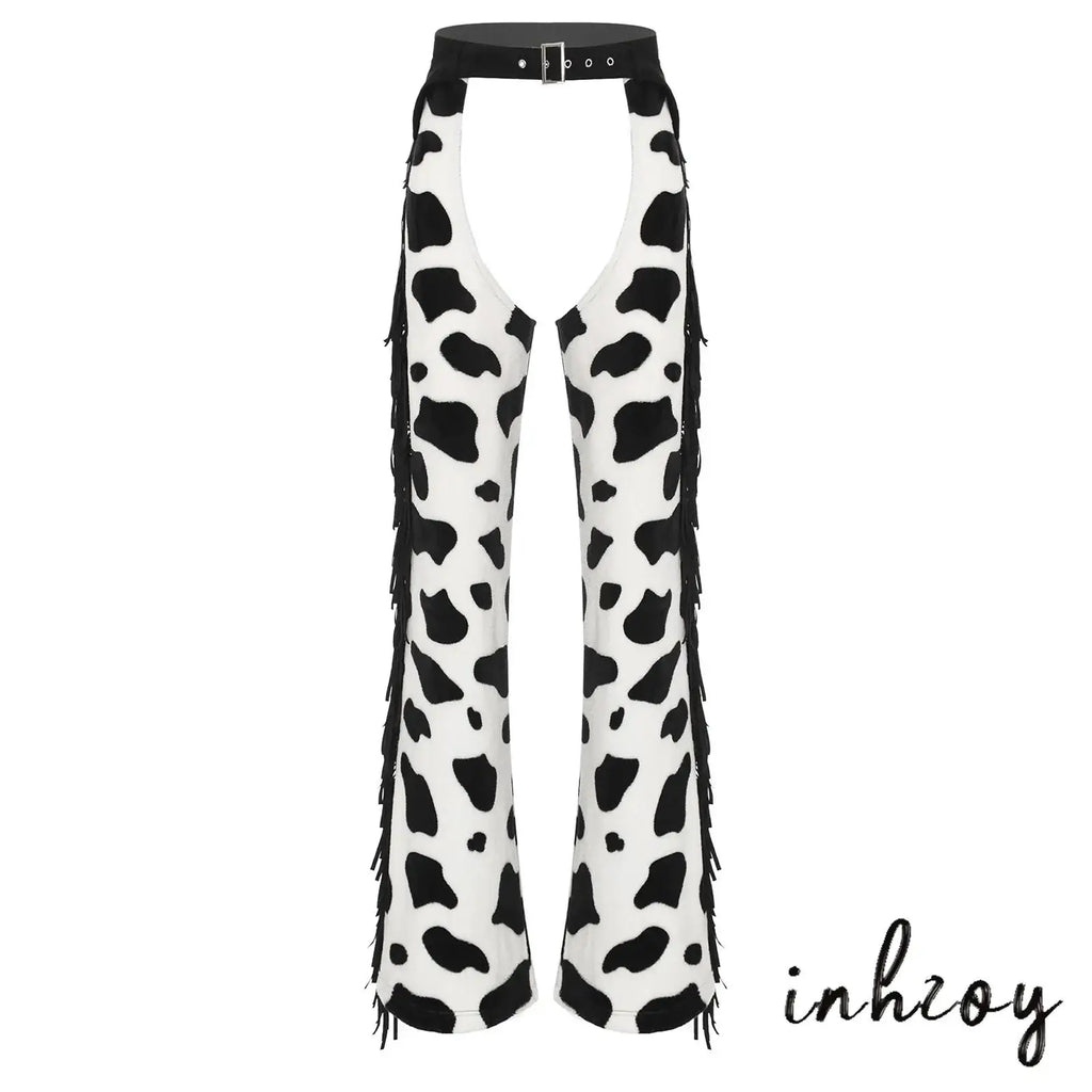 Womens Cow Spot Pattern Flannel Long Pants Adjustable Waist Open Crotch Biking Riding Cowgirl Chaps Halloween Cospaly Costume