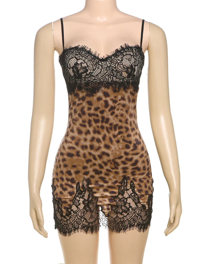 Weird Puss Leopard Print Wild Style Dress Women Mesh Patchwork Sling Low-Neck Sleeveless Hot Girls Street Fashion Mini Bodycon