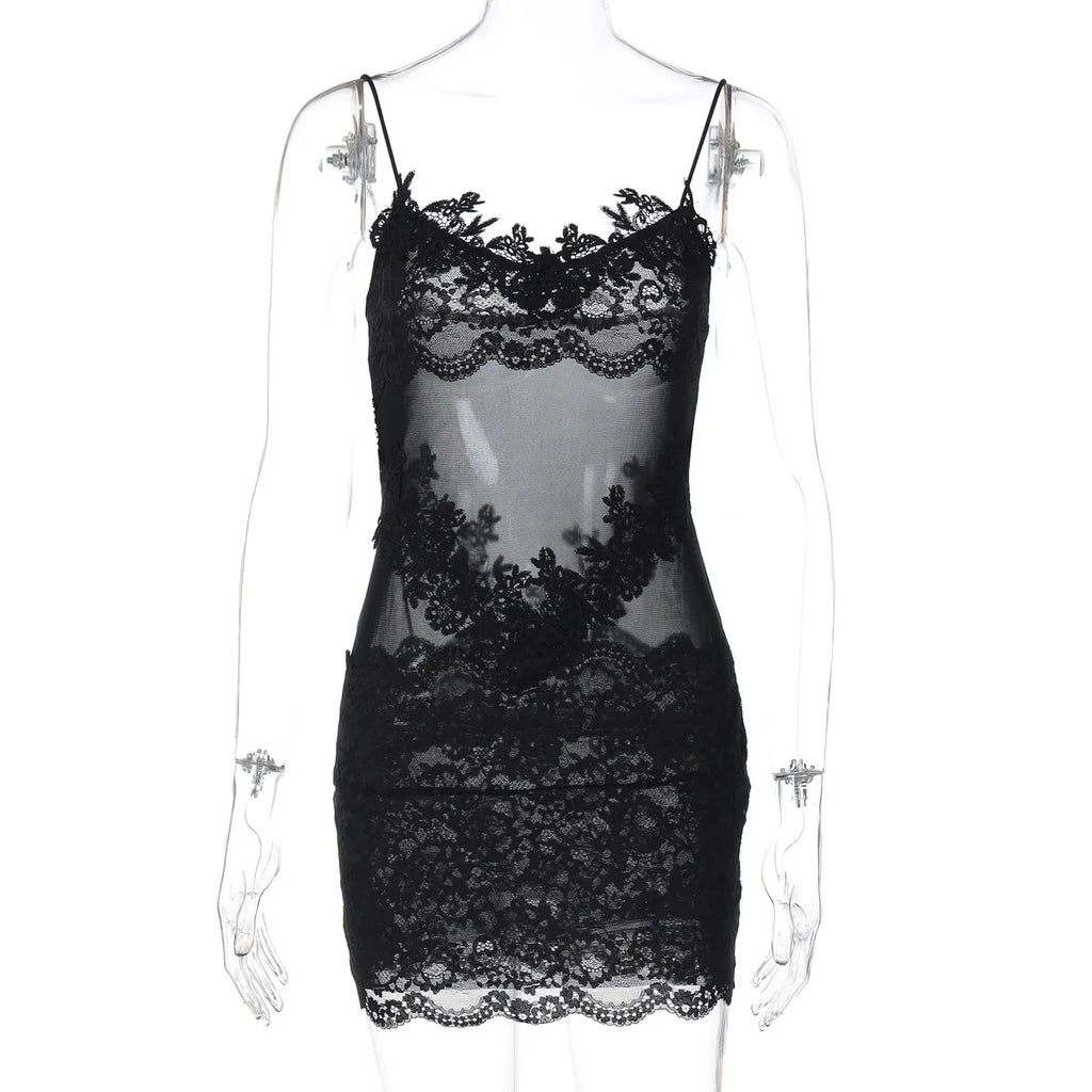 Woman Clothing Spaghetti Strap Mesh Lace Patchwork Party Club Dress Female Sexy See-through Sleeveless Short Evening Dresses