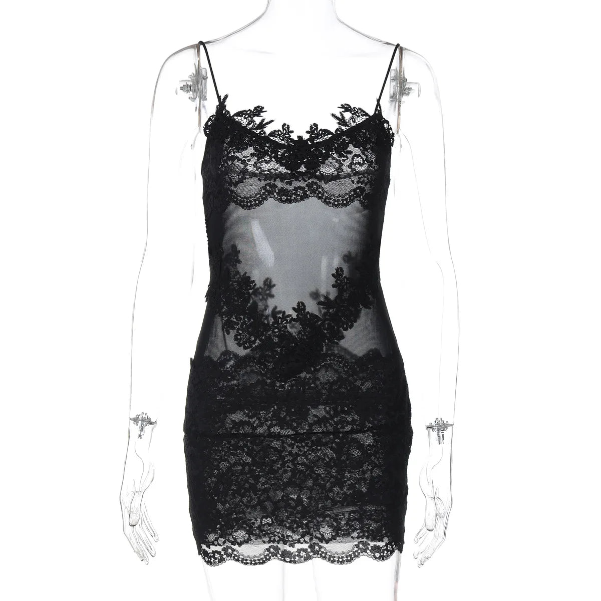 Woman Clothing Spaghetti Strap Mesh Lace Patchwork Party Club Dress Female Sexy See-through Sleeveless Short Evening Dresses