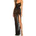 Sexy See-through Mesh Long Dress High Split Halter Pleated Maxi Dresses Prom Party Vestidos Women Backless Outfit Beach Sundress