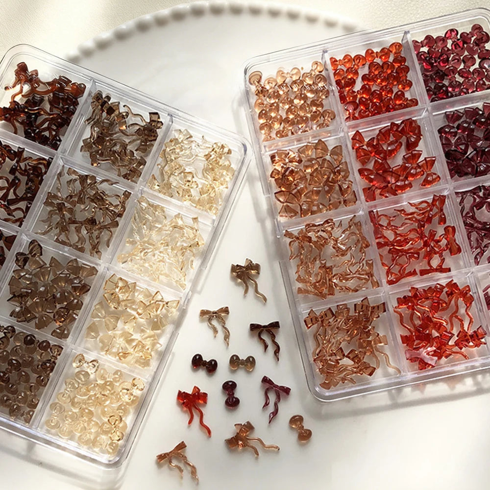 12Grids 3D Mini Maillard Brown Bowknot Kawaii Ribbon Bow New Year Nail Art Decorations Autumn Winter Y2K Bowtie Nail Rhinestones