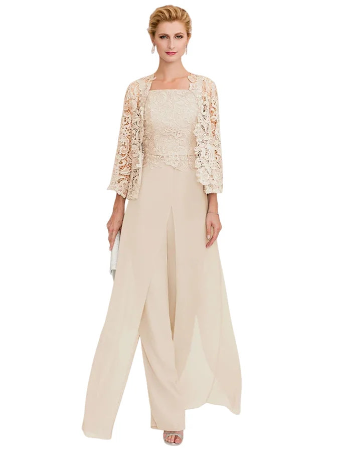 Jumpsuit Pantsuit 3 Piece Floor Length Sleeveless Square Neck Elegant Formal Wedding Guest Chiffon Mother of the Bride Dress