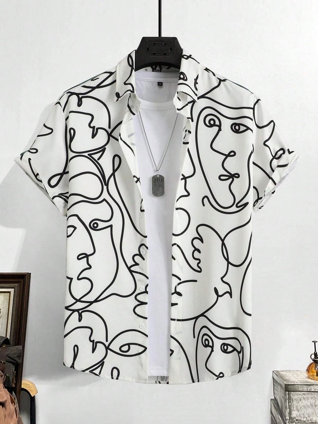 Line Drawing Design Graffiti Men Women Shirt Print Design Short Sleeve Shirt Fashion Button Short Sleeve Top