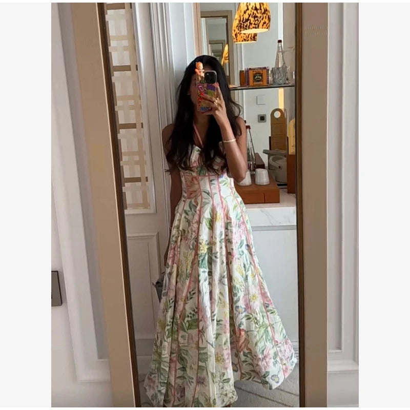 Elegant Floral Print Halter Dress Women Sleeveless Waist-closed A-line Dresses 2026 Spring Summer Fashion Female Vacation Robe