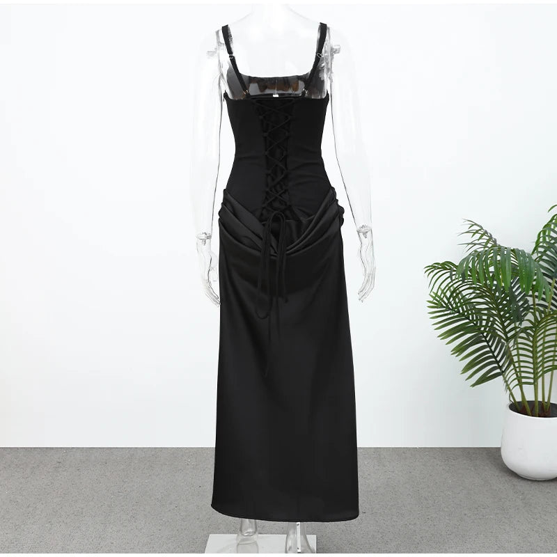 Solid Pleated Sling Dress Women Square Neck Sleeveless Backless Waist Cinching Bodycon Dresses Lady Summer Evening Party Gowns