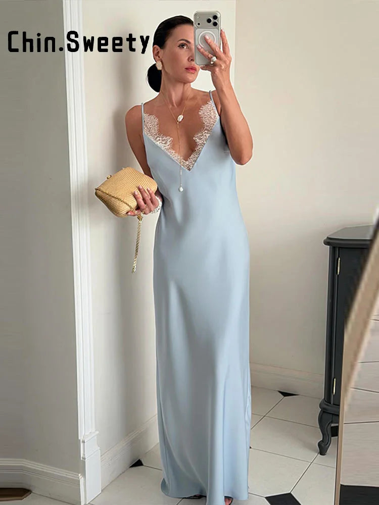 Elegant Women's Stain Lace Sling Long Dress Loose Sleeveless V-neck Backless Solid Dresses 2026 Spring Summer Lady Party Robes