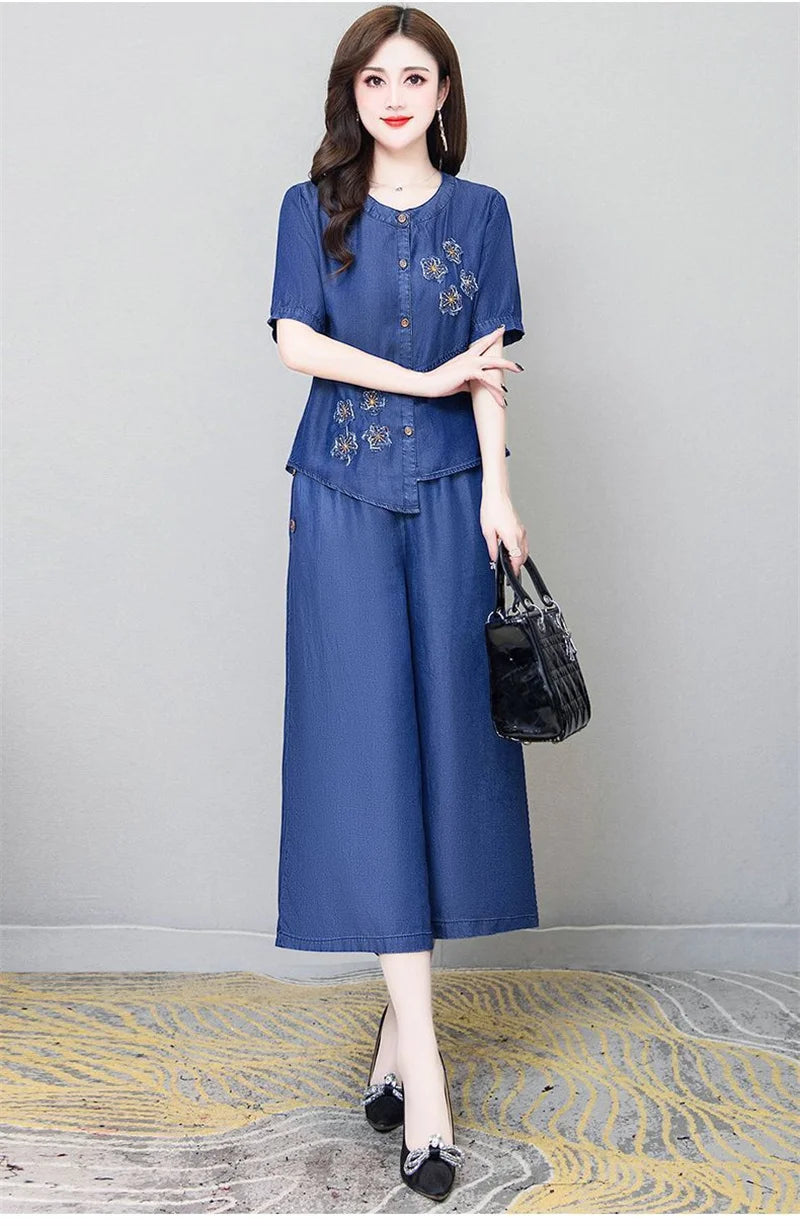 Ethnic Style Denim Wide Leg Pants Sets For Women Spring Summer NEW Embroidery Cowboy Jacket +Jeans Pants Suits Female Outfits
