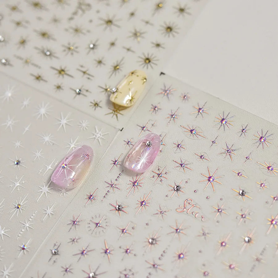 Luxury Diamond Gold Sliver 5D Bronzing Star Nail Sticker Shiny Laser Starlight Nail Decals 8*10cm Self-Adhesive Nail Decorations