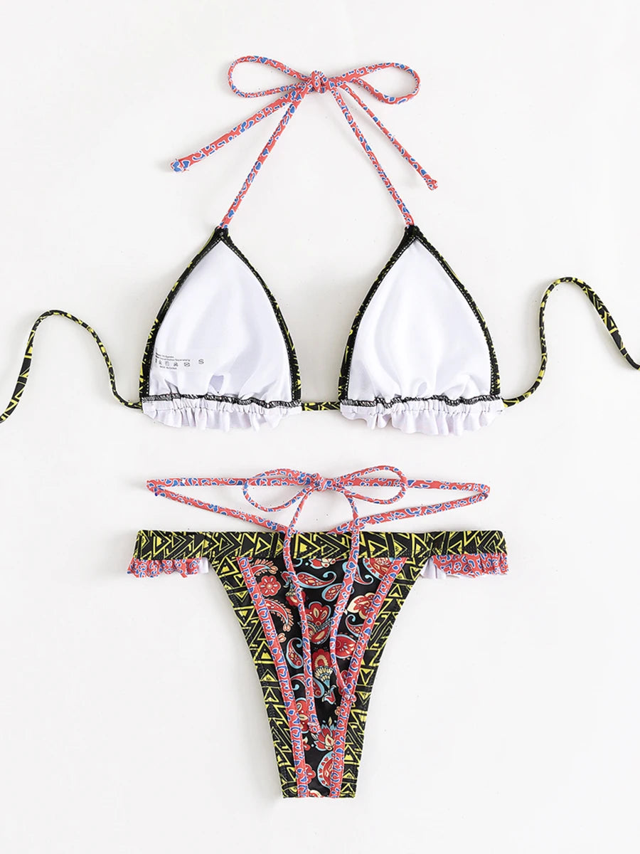 Print Bikinis Bordered Bikini Set Mciro Halter Swimwear Women Swimsuit Sexy Beachwear Brazilian Biquini Triangle Bathing Suits