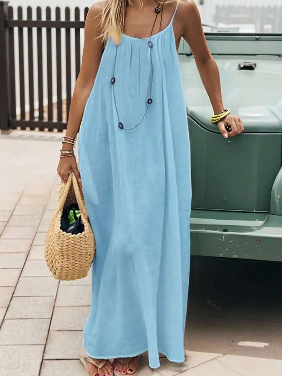 2026 New European & American Cross‑border Women’s Wear, Solid Color Loose Casual Versatile Slip Backless Maxi Dress