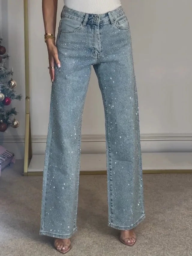 Sexy High Waist Straight Leg Women's Jeans Diamond Washed Cotton Blend Long Pants Trendy Fashionable Ladies Premium Denim