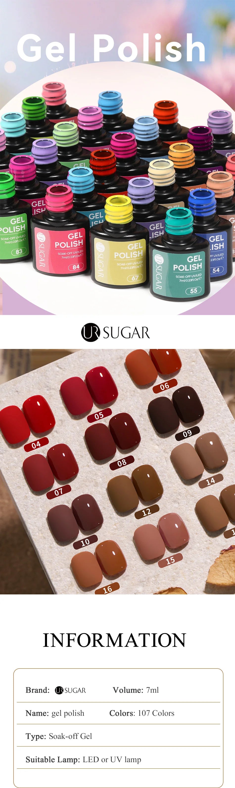 UR SUGAR 7ML Valentine’s Day Gel Nail Polish 107 Colors Classic Black Red Glitter Semi Permanent Autumn Soak Off UV Gel Varnish