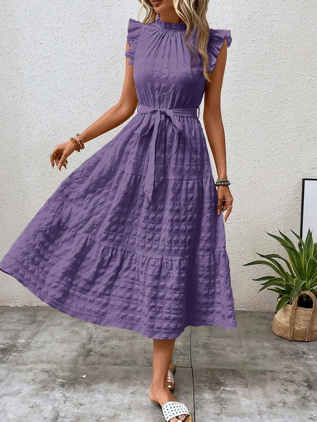 Elegant Women's Summer New Fashion Wooden Ear Edge Flying Sleeve Lace Up Texture Dress Purple  Sleeveless Lace Up Long Dresses