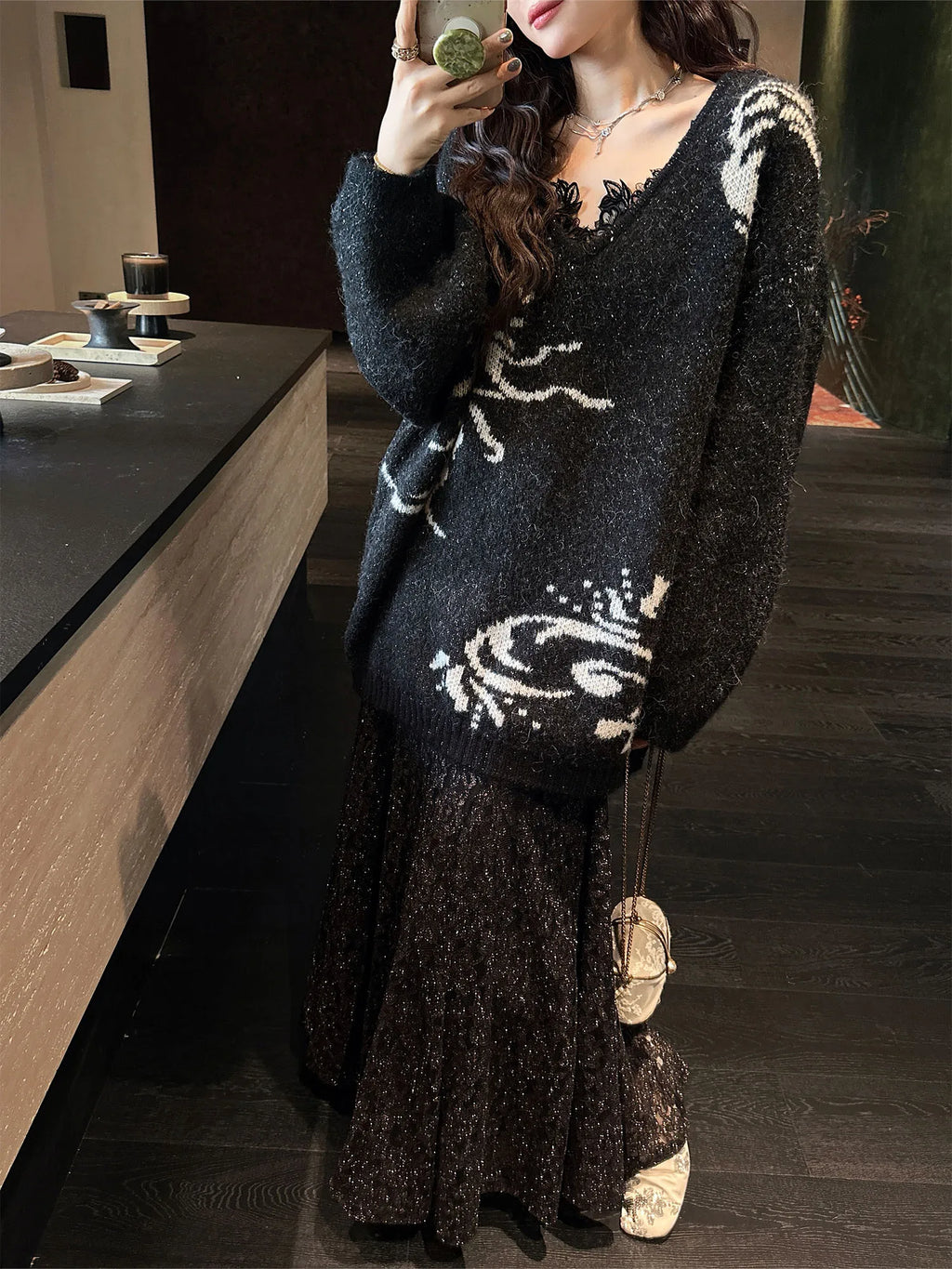 Sanji Bla Flower New Chinese Sle Gold Tead Alpaca Yarn V-ne Sweater Women's Winter Top Warmth Feat Long Sve Crew Ne