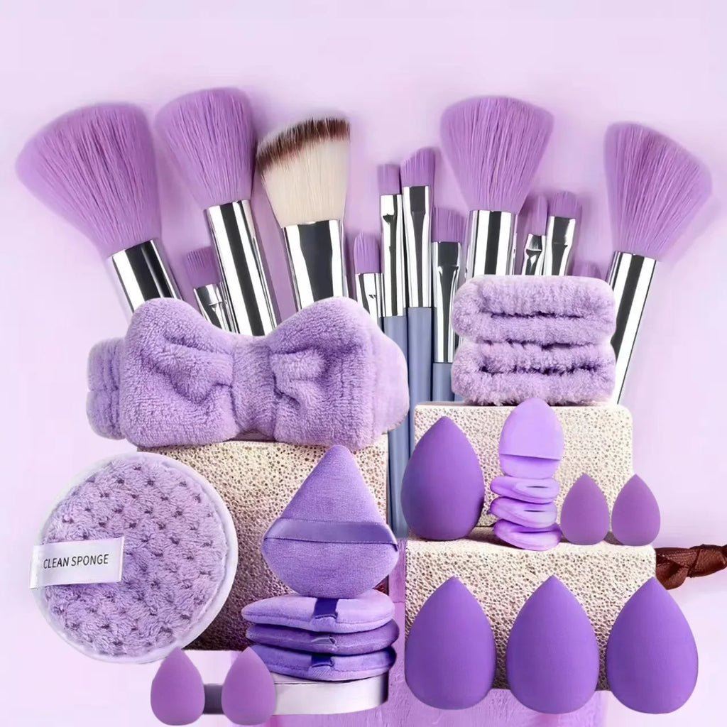 33Pcs Full Makeup Tool Kit, 13 Brushes + Sponges + Finger Puffs + Headband for Face Eye Makeup Daily Touch Ups Travel Kit
