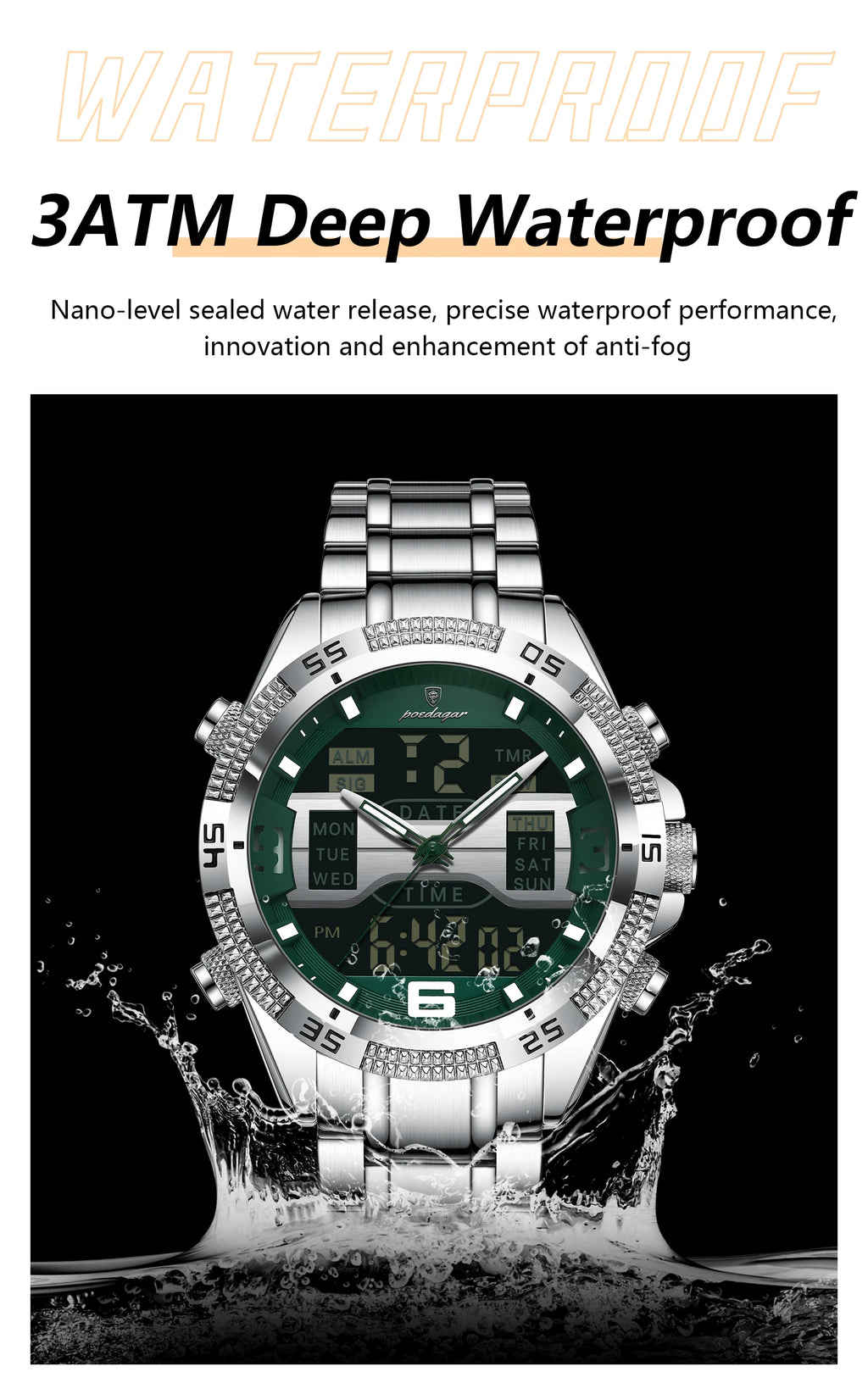 POEDAGAR LED Luxury Men Watch Sports Dual Time Display Digital Luminous Week Date Man Wristwatch Electronic Quartz Men's Watches