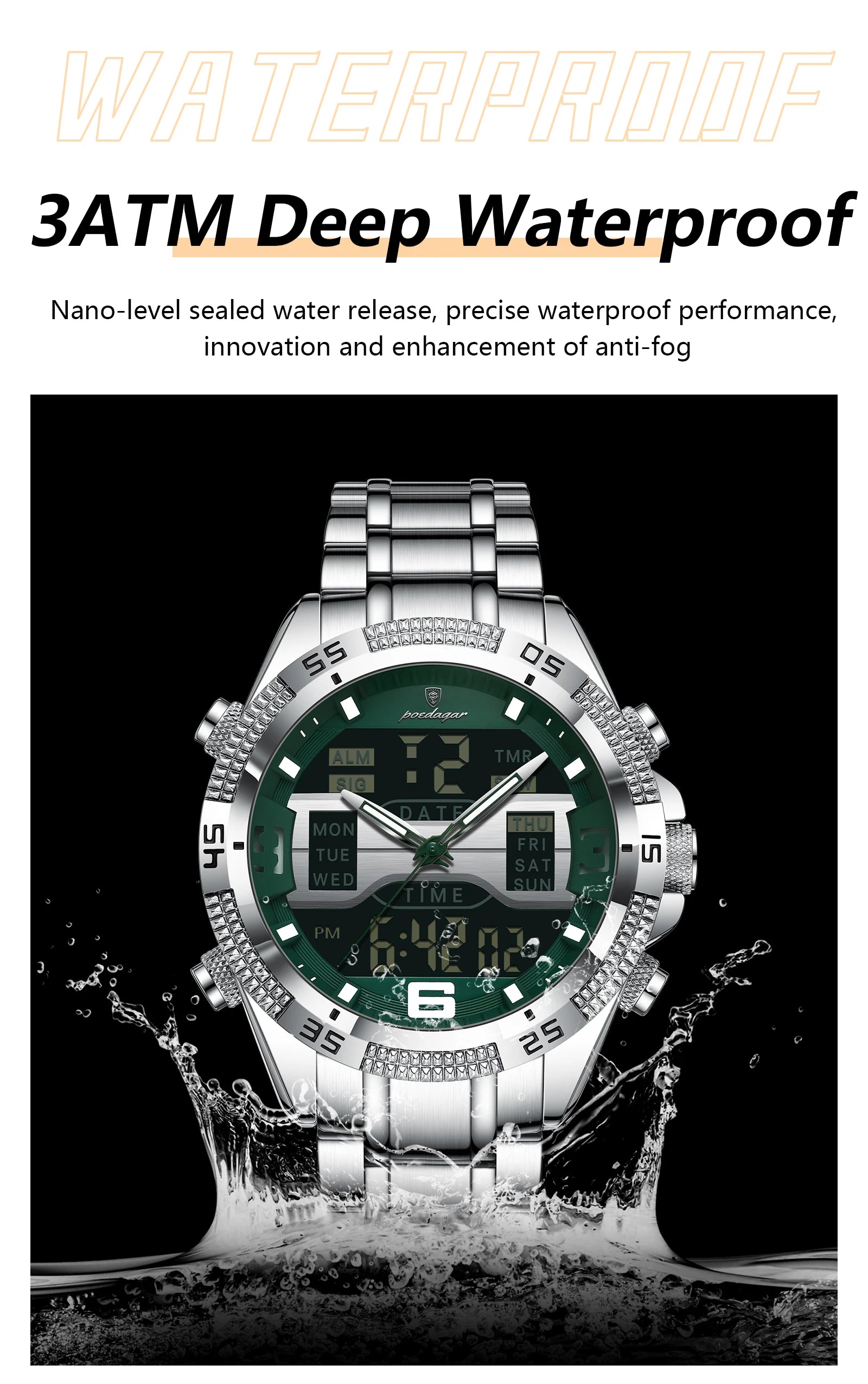 POEDAGAR LED Luxury Men Watch Sports Dual Time Display Digital Luminous Week Date Man Wristwatch Electronic Quartz Men's Watches