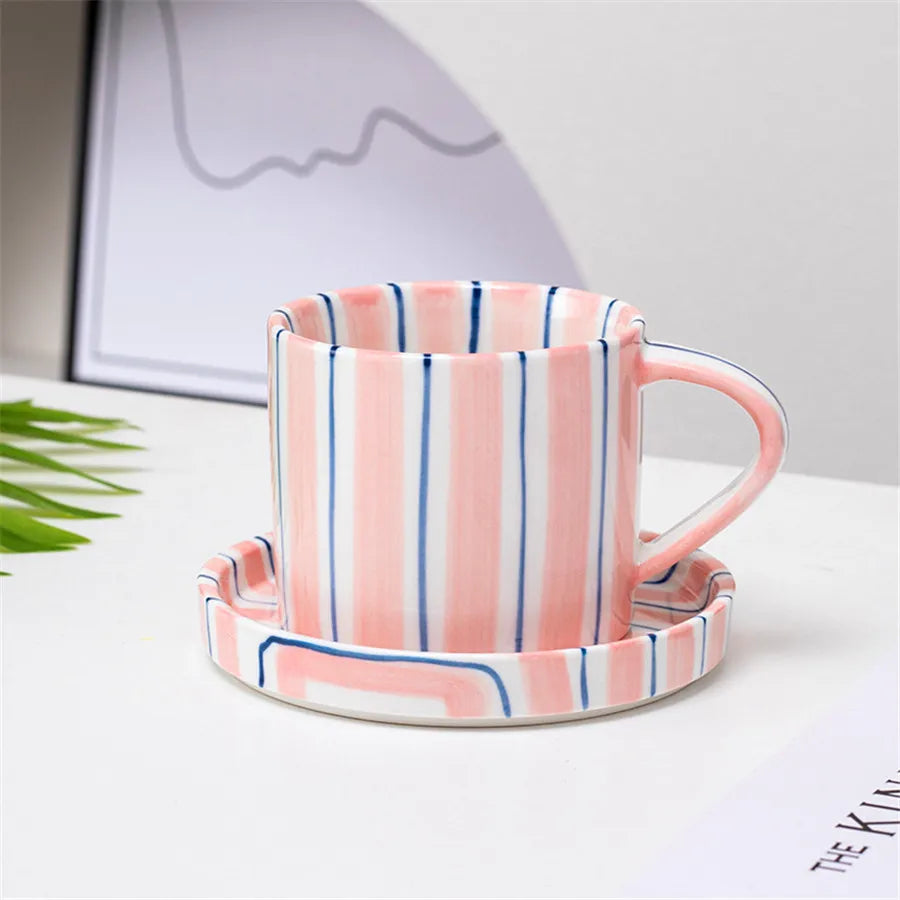 280ml/9.5oz afternoon tea coffee cup, Minimalist striped hand drawn cup and plate set, ceramic milk coffee cup, household drinki