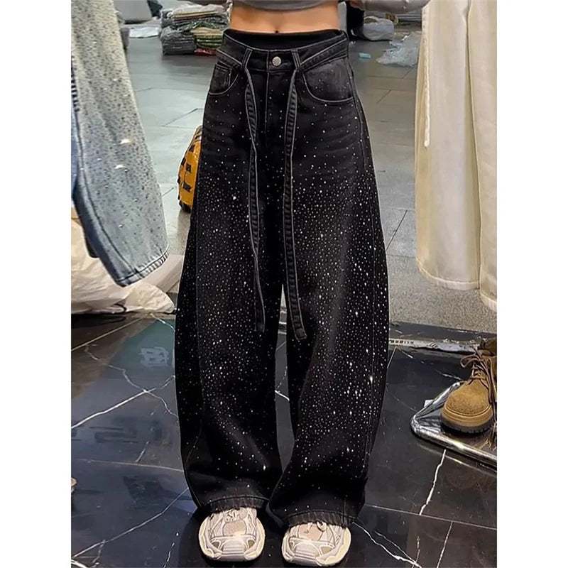 Korean Loose Women Denim Pants 2026 New Autumn Winter Retro Hot Diamond Long Cowboy Trousers Ladies Casual Streetwear Jeans