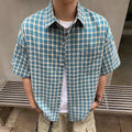 2025 Summer Stylish Short Sleeve Shirt Men's Streetwear Vintage Button-up Turn-down Collar Shirts Trendy Men Plaid Printed Shirt