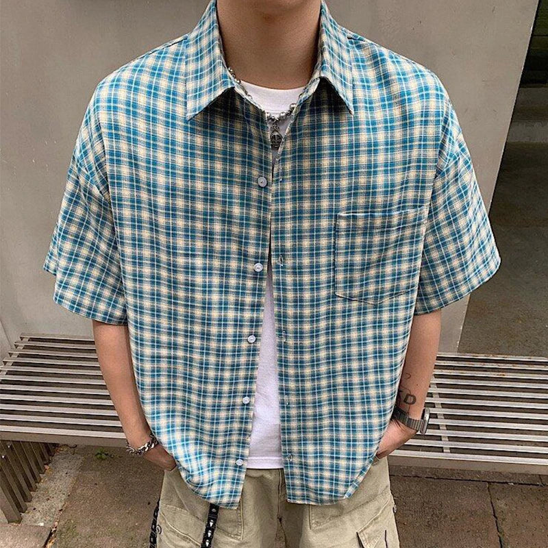 2025 Summer Stylish Short Sleeve Shirt Men's Streetwear Vintage Button-up Turn-down Collar Shirts Trendy Men Plaid Printed Shirt