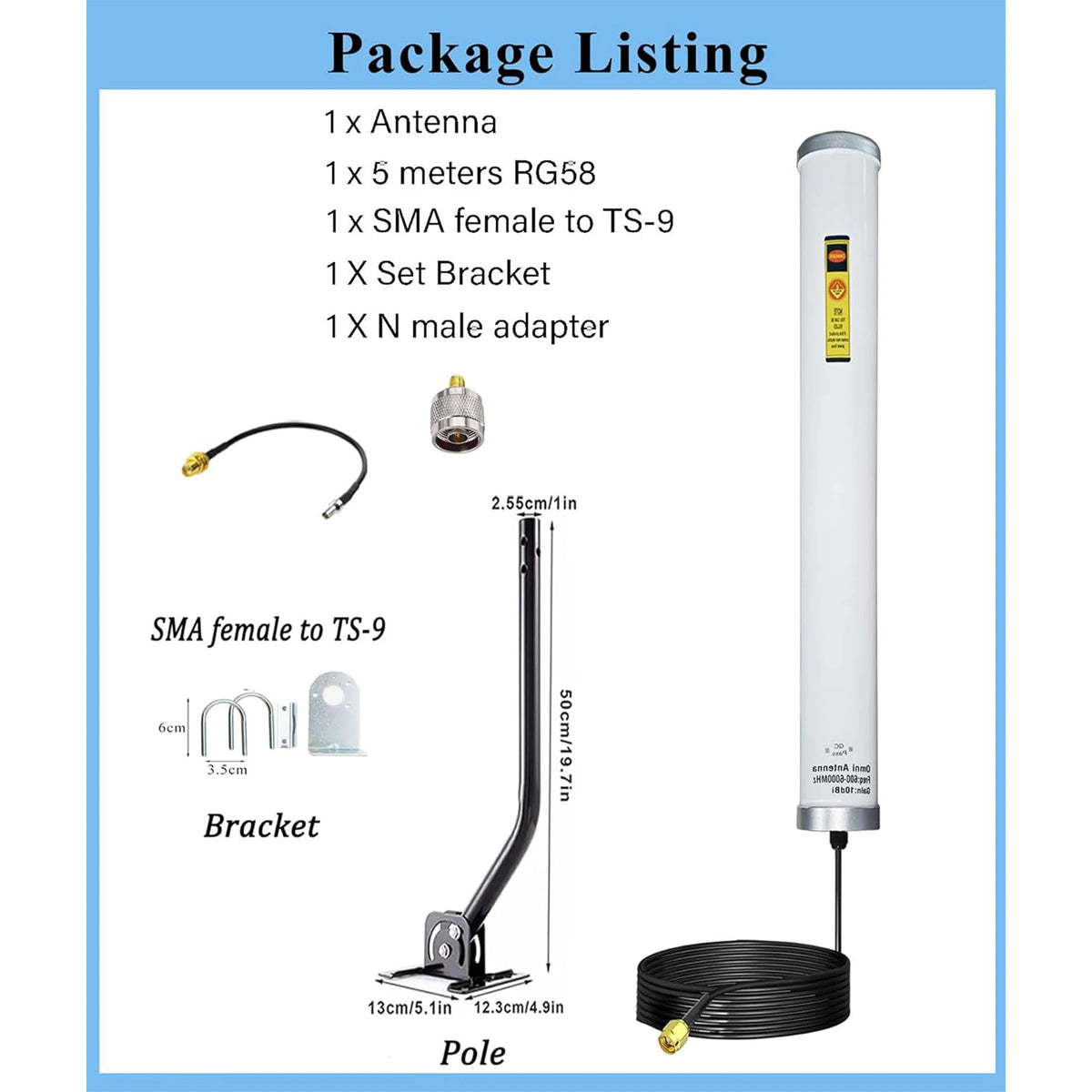 Outdoor 5G 4G LTE Omni Directional Cellular Phone Antenna 600-6000MHz 12dBi T-Mobile Compatible for Cell Phone Booster Router