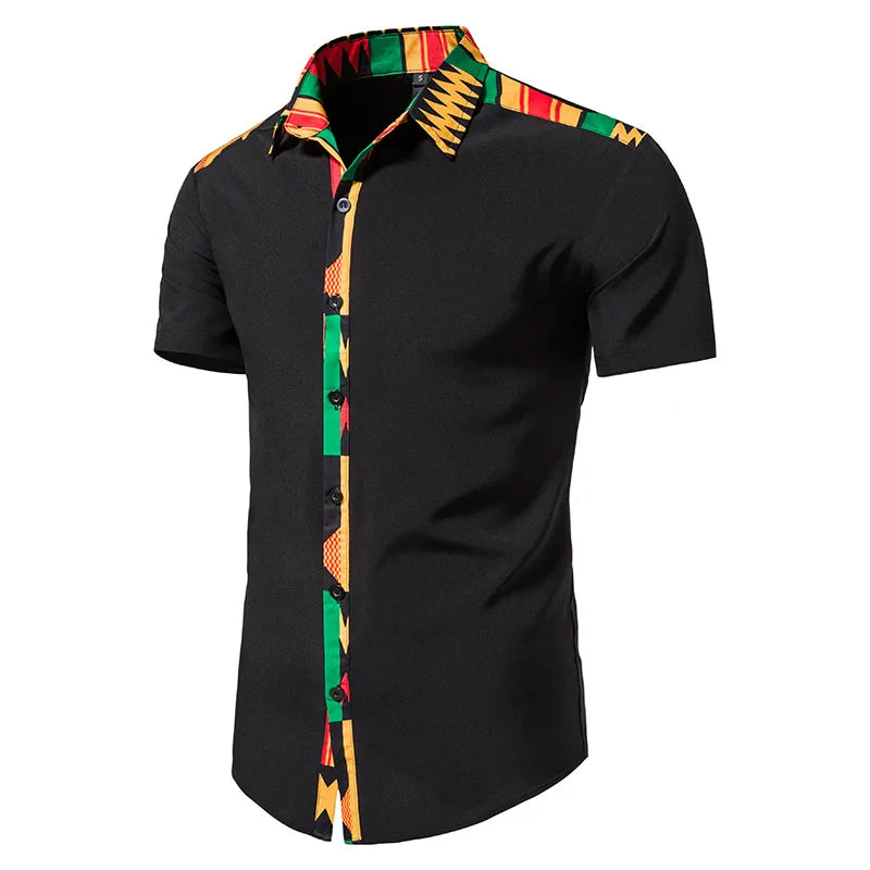 African Ankara Kente Print Shirt Short Sleeves Summer Men's Fashion Patchwork Button Up Traditional Dashiki Casual Tops