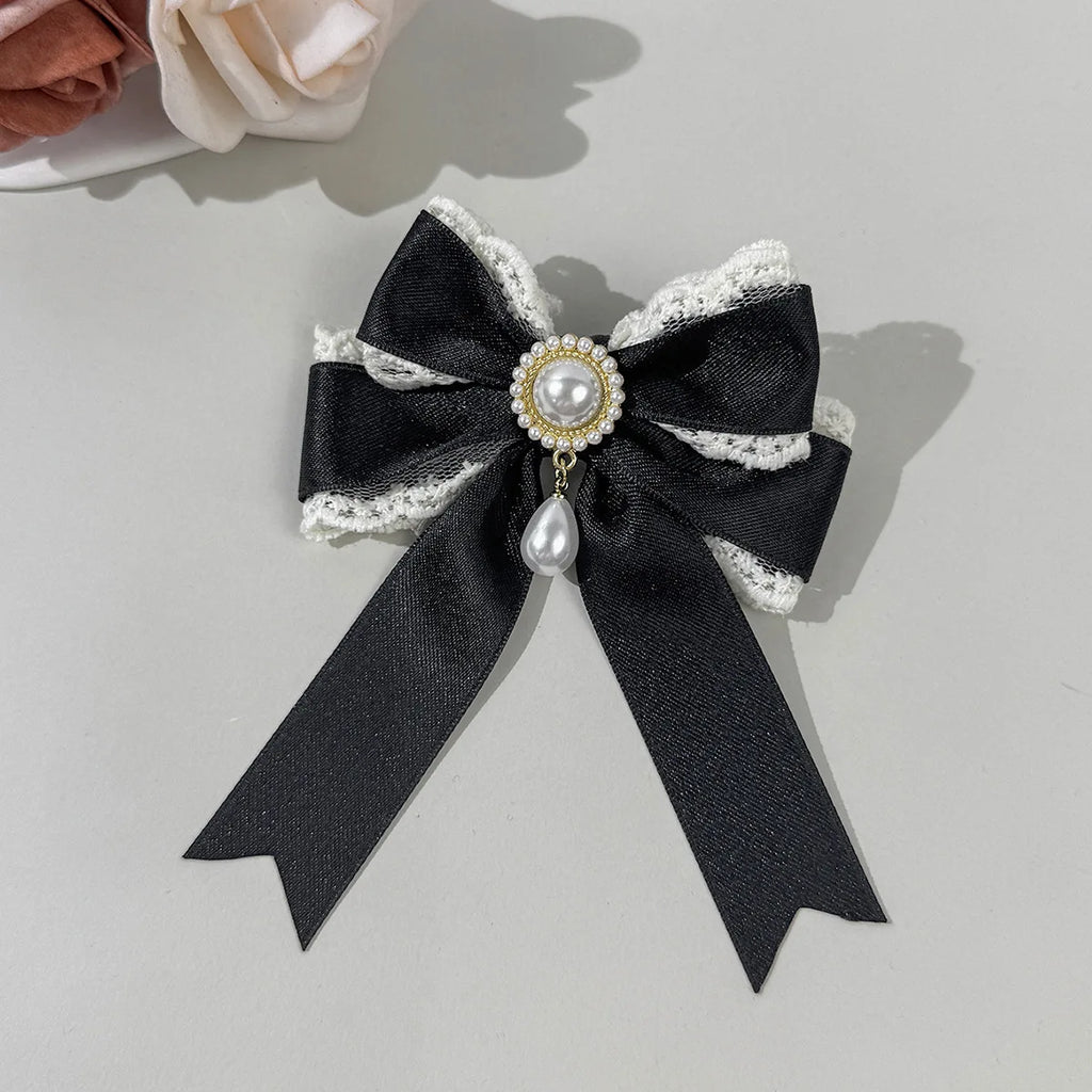 4pcs Pearl Lace Bow Hair Clip, Multi-color Satin Lolita Headpiece, Retro Sweet and Beautiful Style Hair Accessory