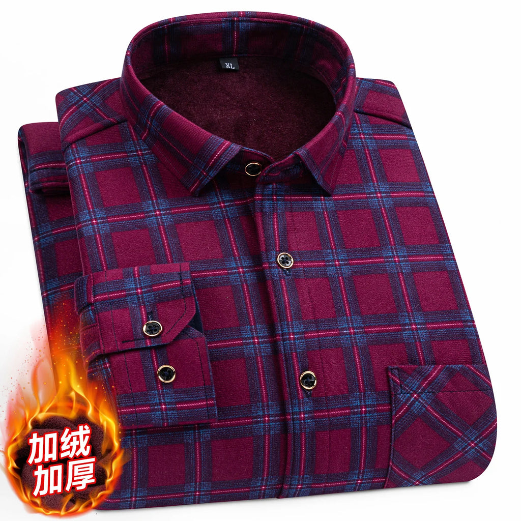 Men's Long Sleeved Shirt With Fleece Lined Winter Thickened Flannel Casual Plaid Stripe Daily Slim Man Clothes Plus Size 8XL 7XL
