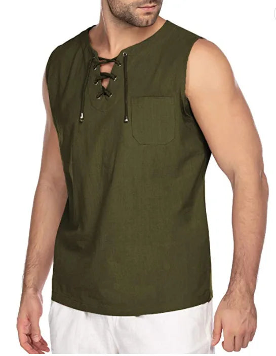 New 2026 Men's Casual Cotton Linen Tank Tops Men Drawstring V Neck Sleeveless Shirts Summer Casual Shirt Gym Fitness Vest Tops