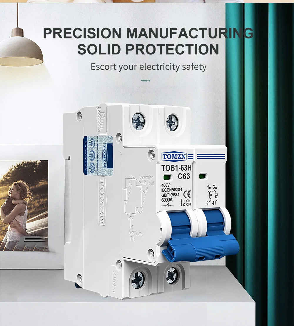 TOMZN 2P AC MCB TOB1-63H C Type 230/400V~ 50/60Hz Mini Circuit Breaker 3A 6A 10A 16A 20A 25A 32A 40A 50A 63A
