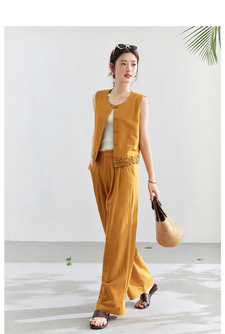 VIMLY Office Two-Piece Set Women 2026 Summer New Fashion Ruffle Hem Cropped Sleeveless Vest Wide Leg Pants Casual Outfit A6153