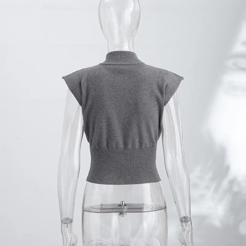 Sleeveless Padded Shoulder Women's Knitted Vest Half Turtleneck Double Zipper Cropped Slim Solid Knit Cardigan Street New Tops