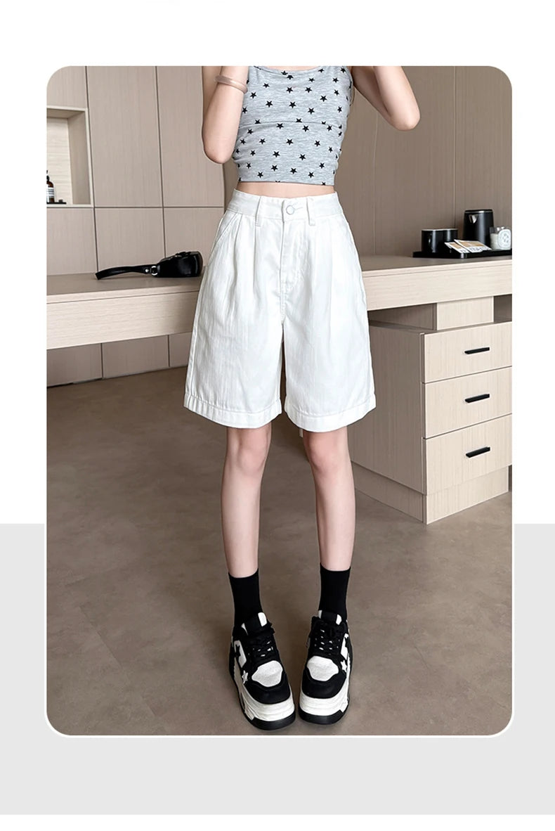 Y2K Retro Loose Casual Middle Short Jeans Summer New Women's Korean Denim Five Points Pants Ladies Fashion All Match Baggy Jeans
