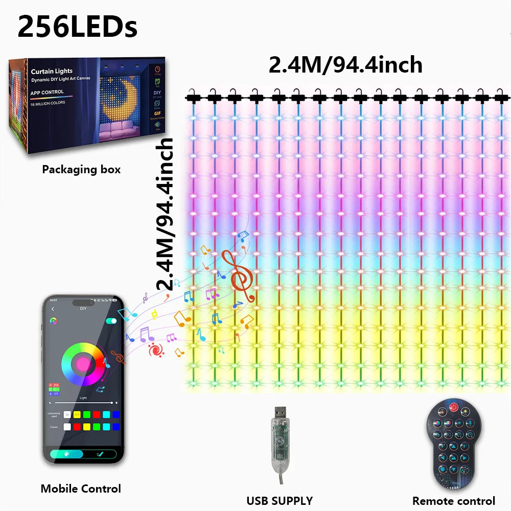 Smart LED Curtain Lights USB Bluetooth App Remote Control,DIY Text Pattern Music Sync RGB IP65 Waterproof Fairy String Light for