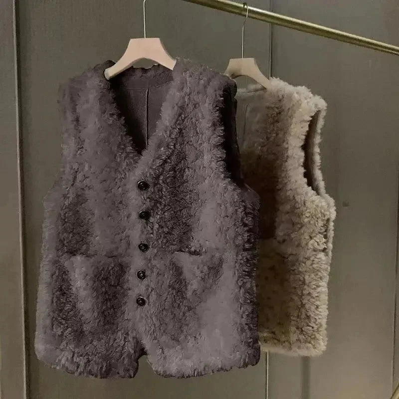 Female Lamb wool Waistcoat Jacket 2025 Spring Autumn New Single Breasted Slim Sleeveless Coat Warm Women's Short Casual Vest Top