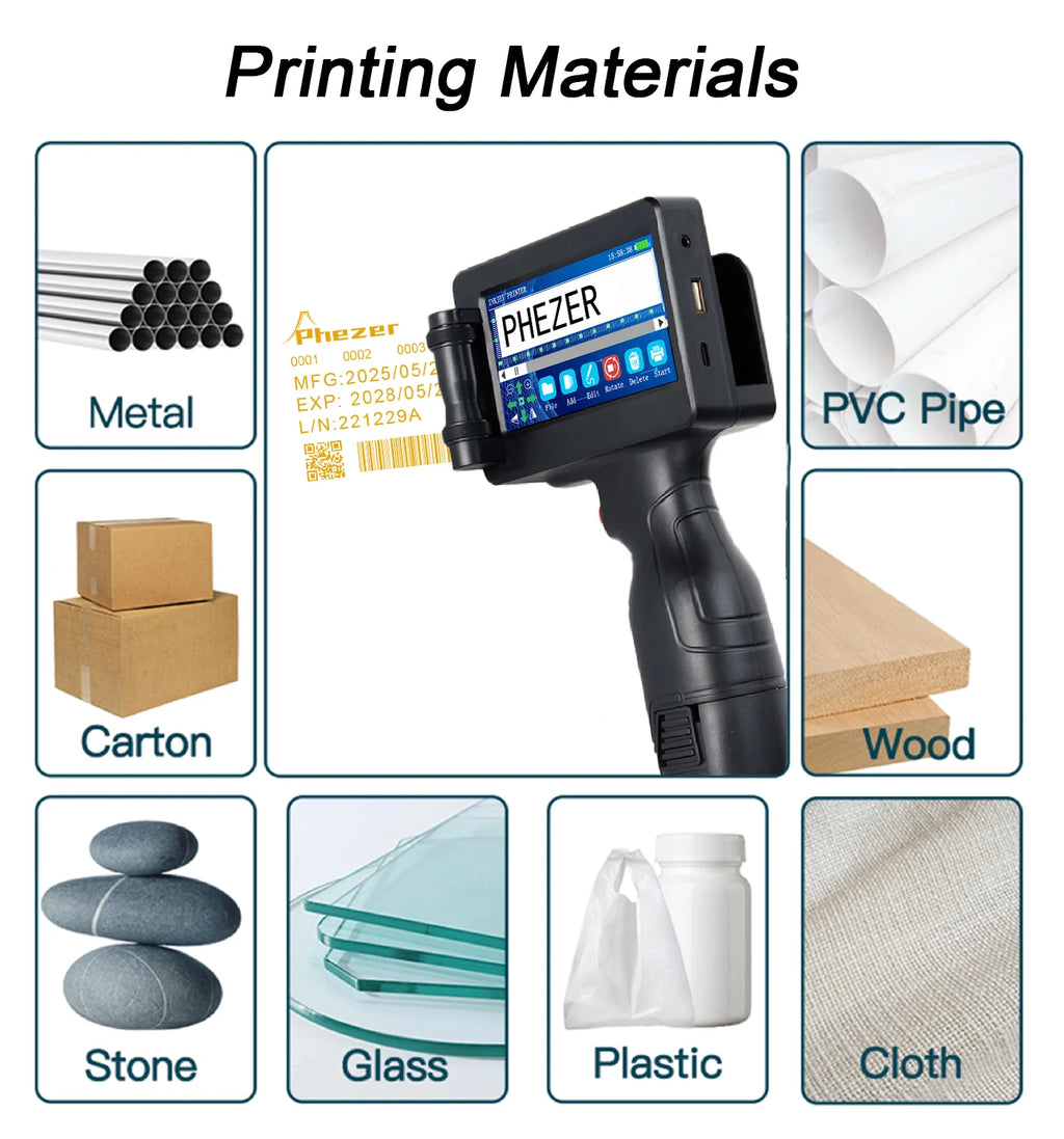 Phezer P17 Handheld Inkjet Printer 12.7mm Portable Date Coder 28 Languages Print Expiry Batch QR Barcode Logo in Yellow Ink