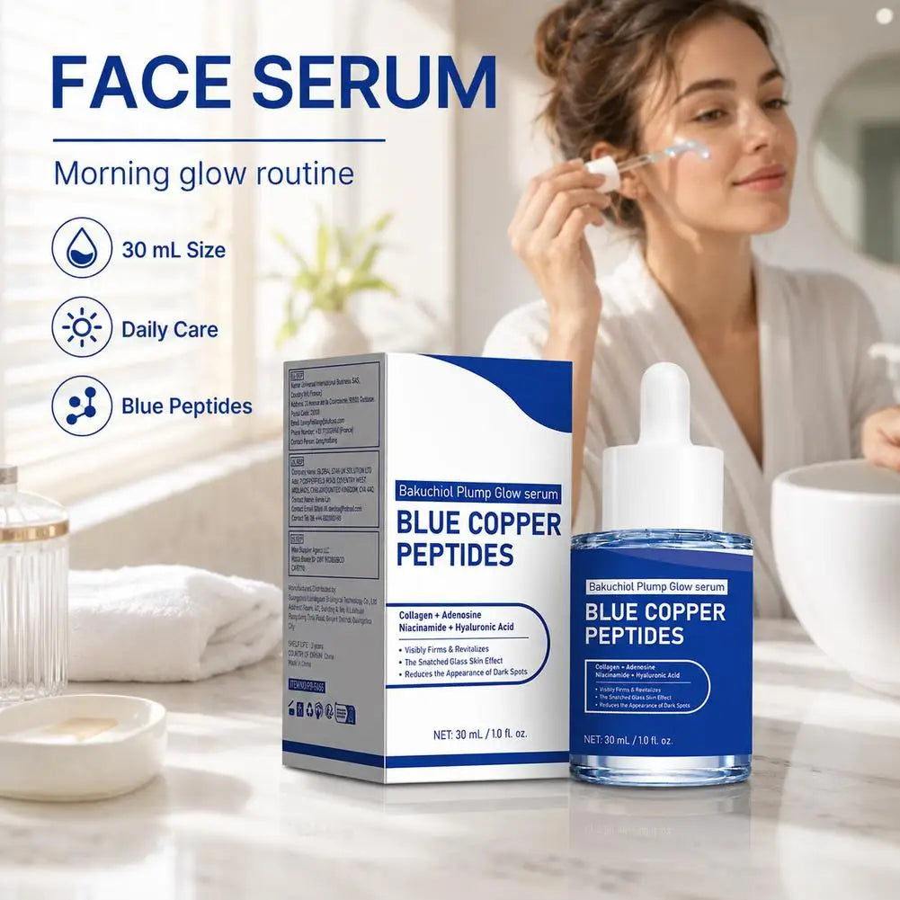 Blue Copper Peptide Serum Glow Plump Hydrating Face Essence Moisturizer Smooth Skin Firming Boosting Facial Care Serum 30ml
