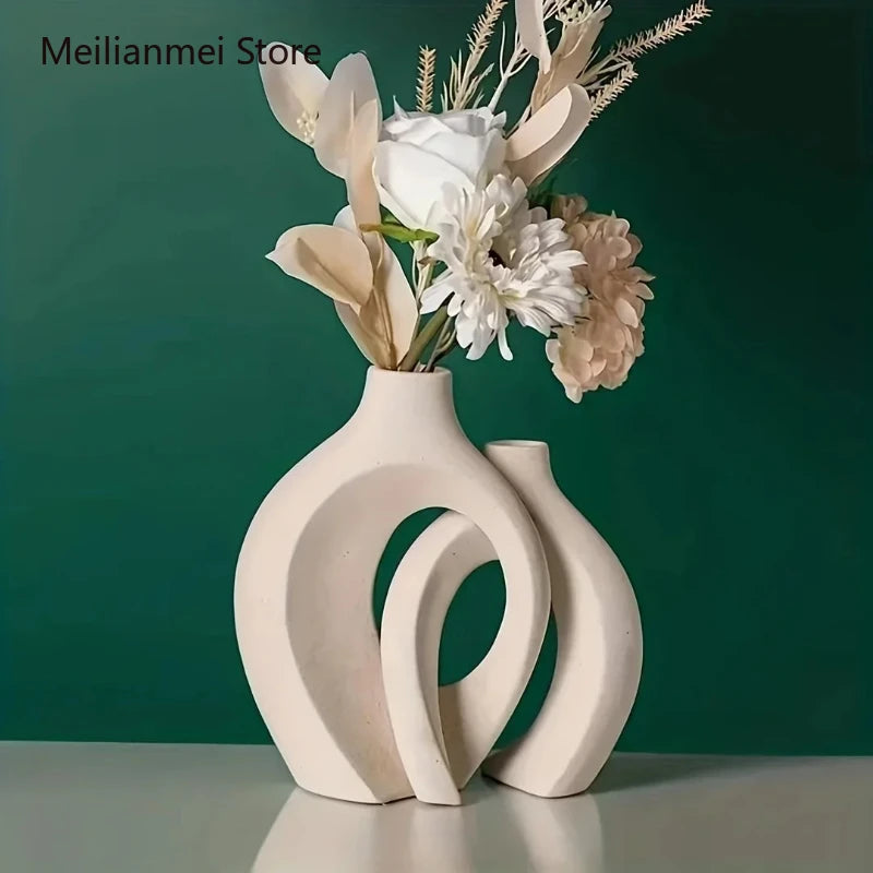 Hollow Nordic Modern Ceramic Vase Set of 2 for Modern Home Decor Modern Hollow Vases for Living Room Bookshelves Home Decoration