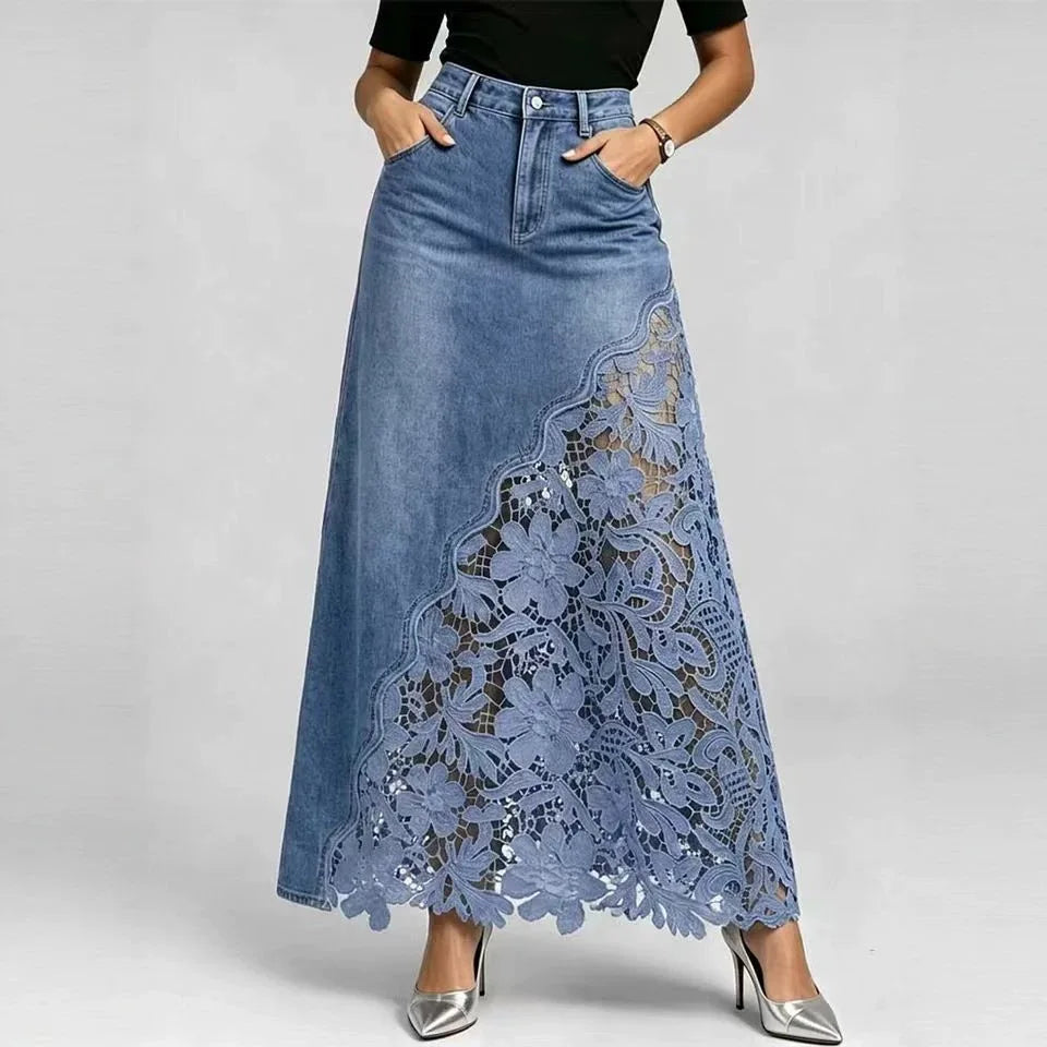 2026 Temperament Washed Denim Lace Splicing Long Hip-wrapped Skirt