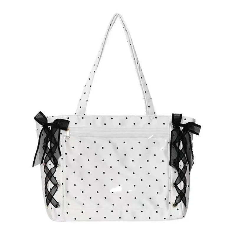 Japanese Polka Dot Shoulder Bag, Sweet Cute Large-capacity Ita Bag, Bow Lace Tie Design Handbag Fashion Lightweight Laptop Bag