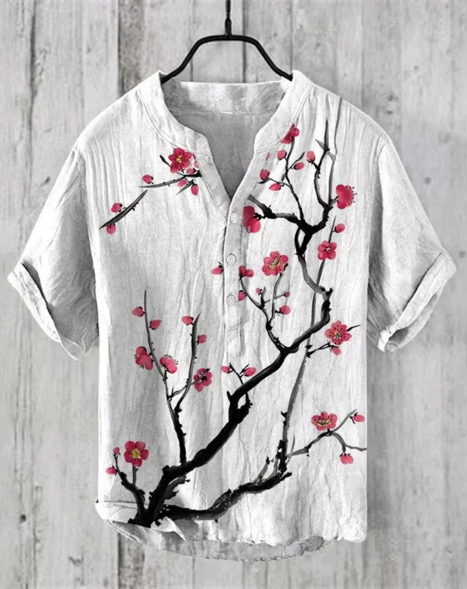 Hot sale Henry shirt 2025 summer men's casual short-sleeved T-shirt floral print top linen blend comfortable fabric XS-6XL size