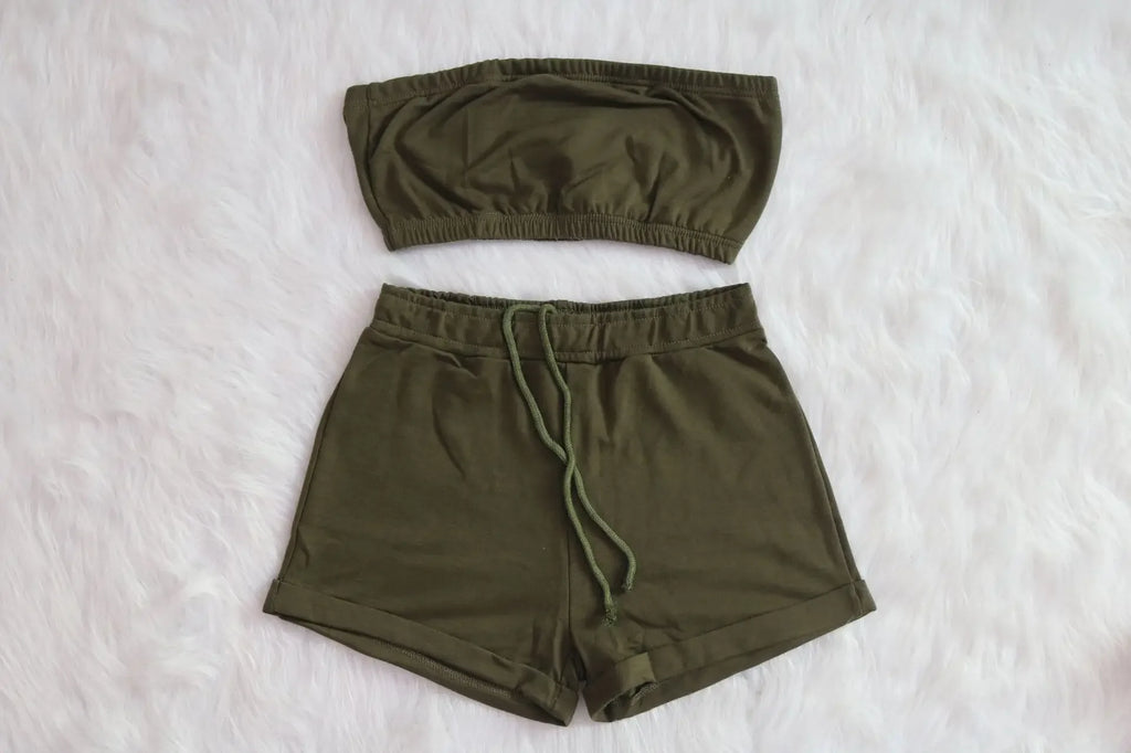 Thin Summer New Solid Color Lace Up Tracksuits Women Sleeveless Backless Tube And Shorts Two Piece Sets Casual 2pcs Outfits