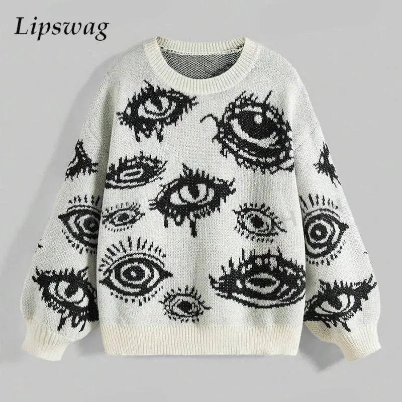 Y2K Eyes Crochet Knitted Sweaters Mens Vintage Crew Neck Long Sleeve Knit Jumper Top Men Spring Autumn Casual Loose Sweater Male