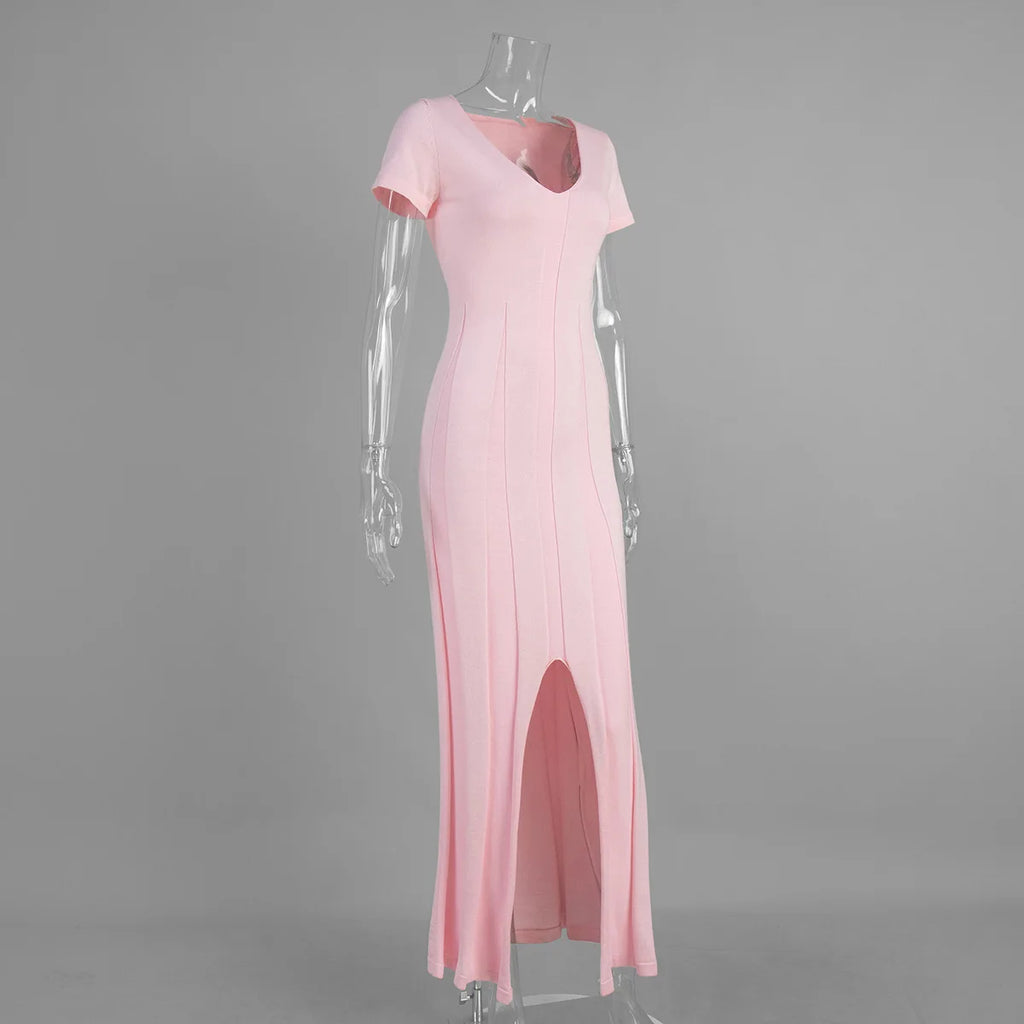 TARUXY Spring Summer Short-Sleeved Knitted Dress Women Solid V-Neck Slit Long Dress Slim Sexy Commuting Leisure Dress Female New