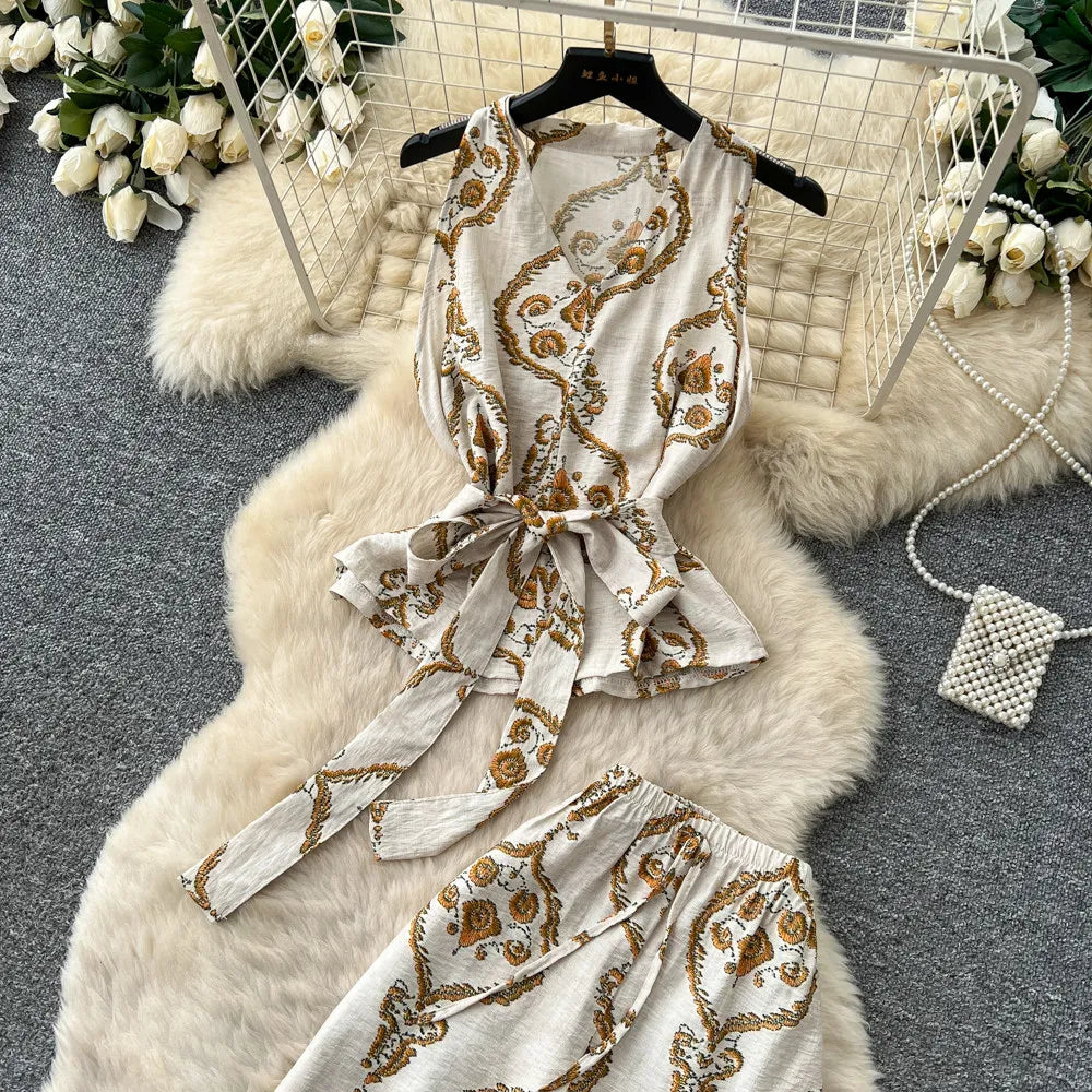 SINGREINY Boho Print Vacation Suits Summer 2026 Sleeveless Lace Up Tank Top+Loose Wide Leg Pant Chic Lazy Casual Women 2pcs Sets