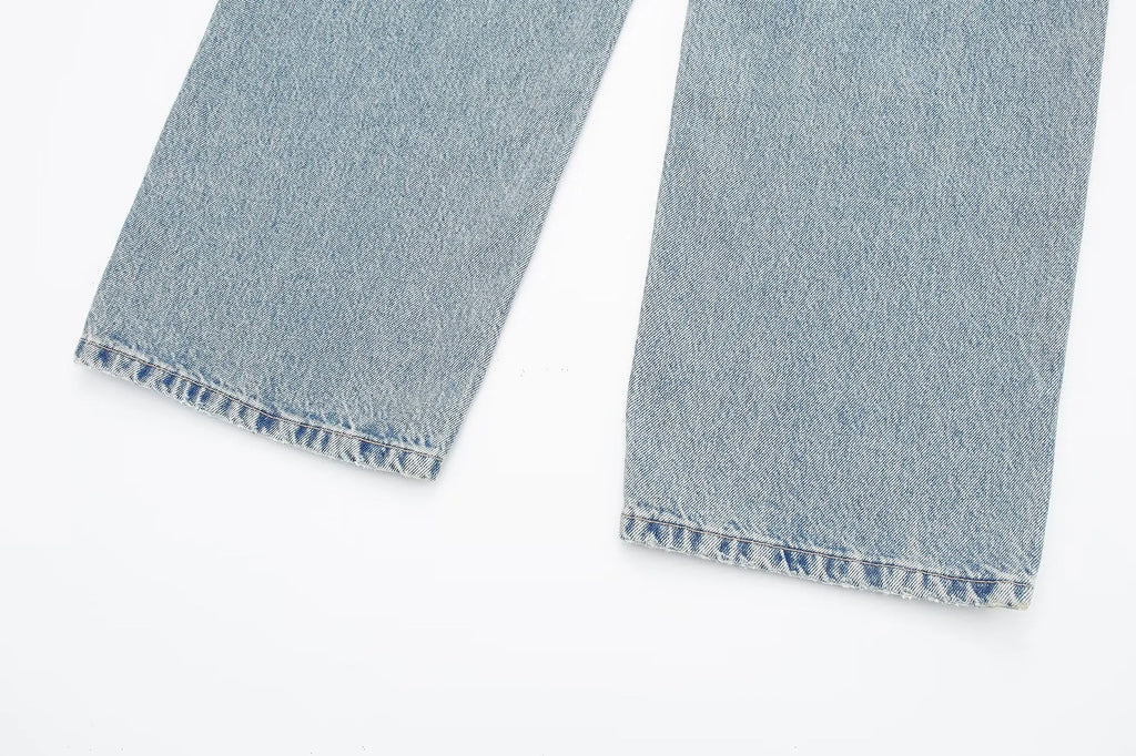 Jeans For Women 2024 Denim Solid Loose Zipper Fly Female Hole Trouser Pockets Wild Basic Commute Woman Wide Leg Long Pant
