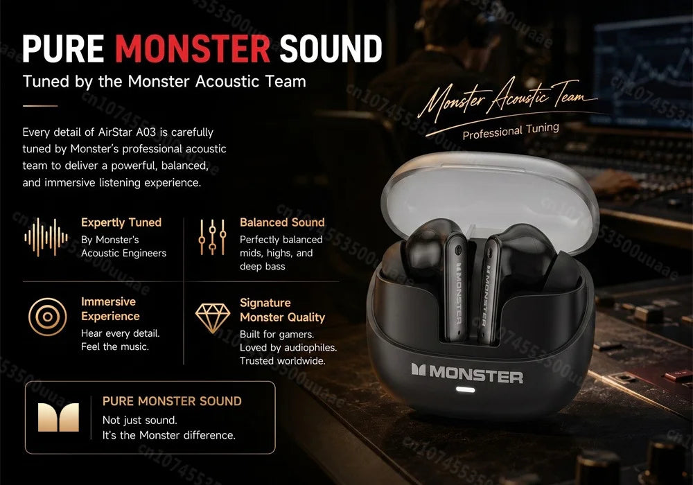 Monster A03 ANC Earbuds Bluetooth 6.0 Active Noise Cancelling Headphones Powerful Deep Bass Sport TWS Wireless Earphone with Mic