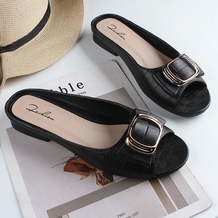 Summer Women Square Buckle Open-Toe Slippers Single Strap Flat Sandals Lady Solid Color Outdoor Beach Shoes Adult Casual Sandals